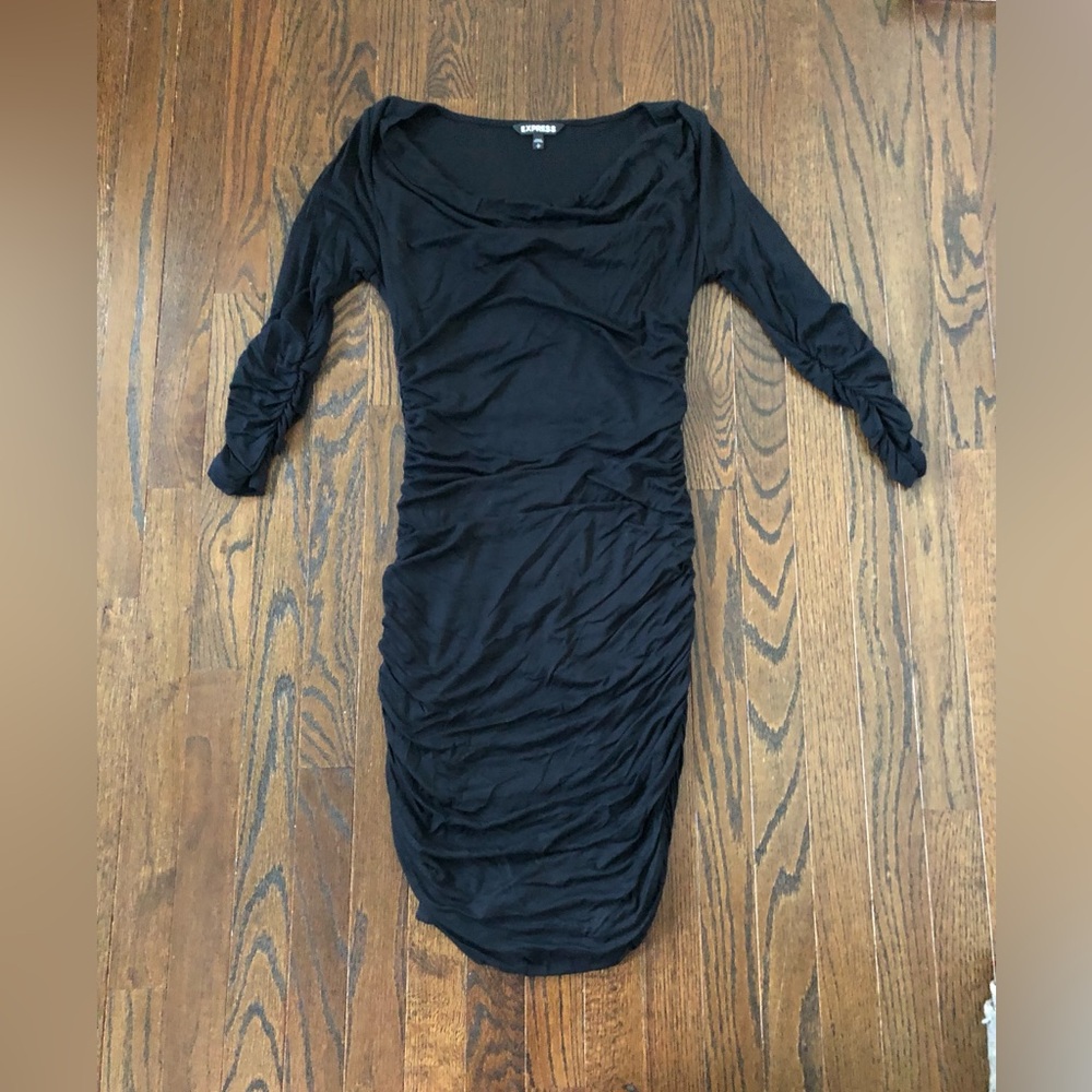 Express Women’s S Black Cowl Neck Ruched Sleeves/Sides Midi Bodycon Dress - EUC!